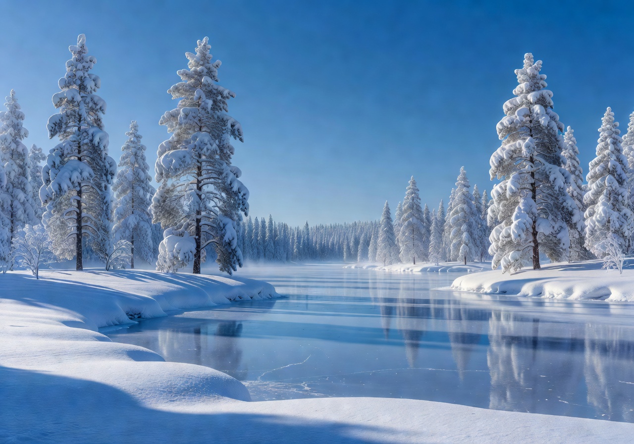 Beautiful winter wonderland scene with snow-covered pine trees and a frozen lake under a clear blue sky
