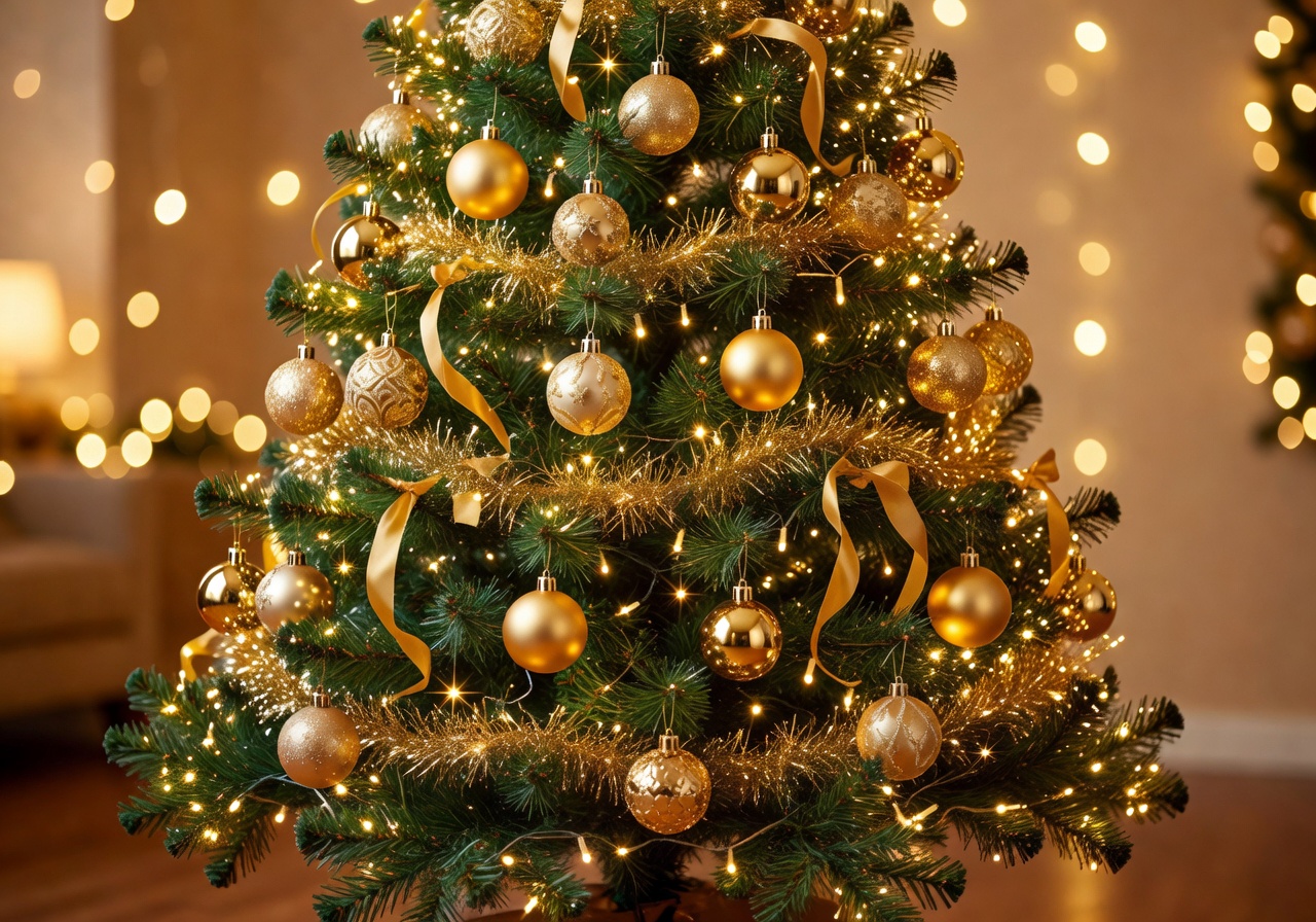 Beautifully decorated Christmas tree with golden ornaments and twinkling fairy lights