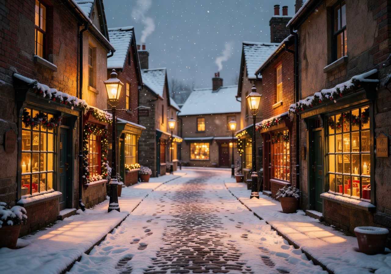 Cozy Christmas village street with warm glowing shop windows and fresh snow on cobblestones
