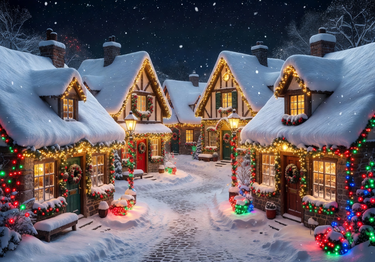 Enchanting Christmas village at night with snow-covered roofs and glowing holiday decorations