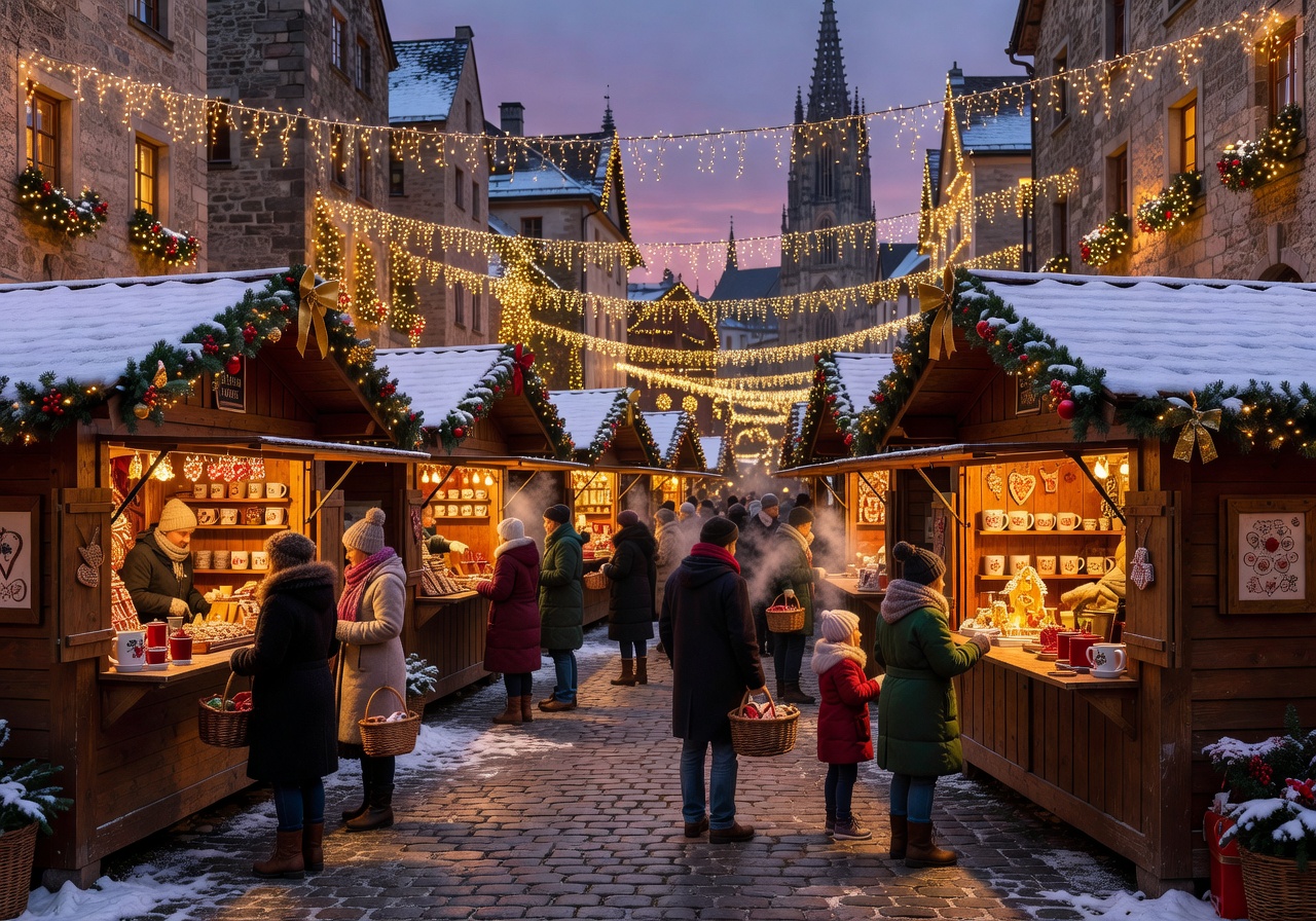 Enchanting European Christmas market with wooden chalets, warm lights, and festive decorations