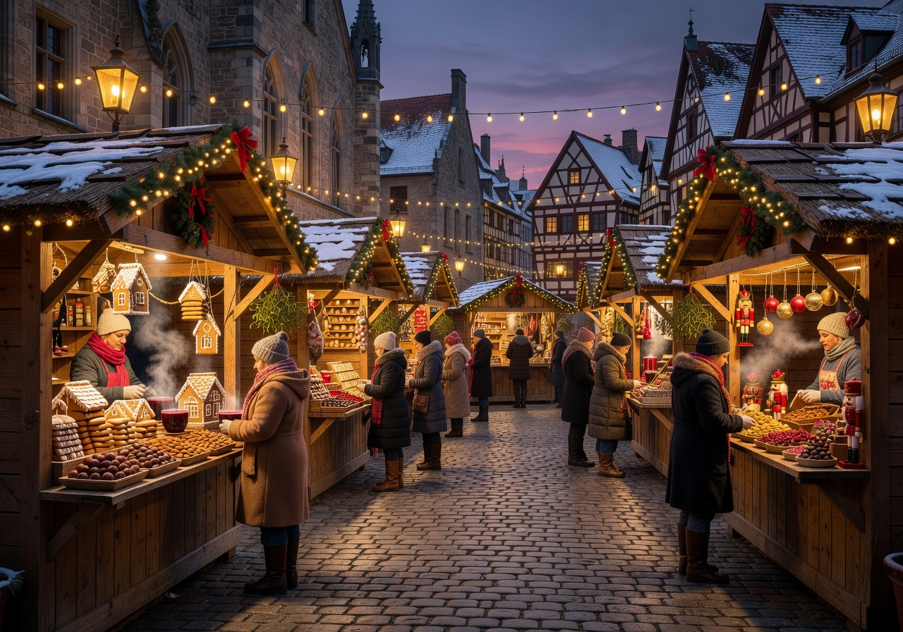 European Christmas market at night with wooden stalls selling festive treats and decorations