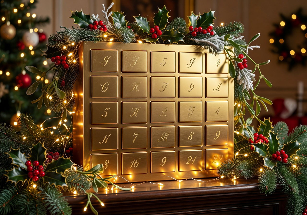 Golden advent calendar with numbered doors surrounded by Christmas decorations and warm lights