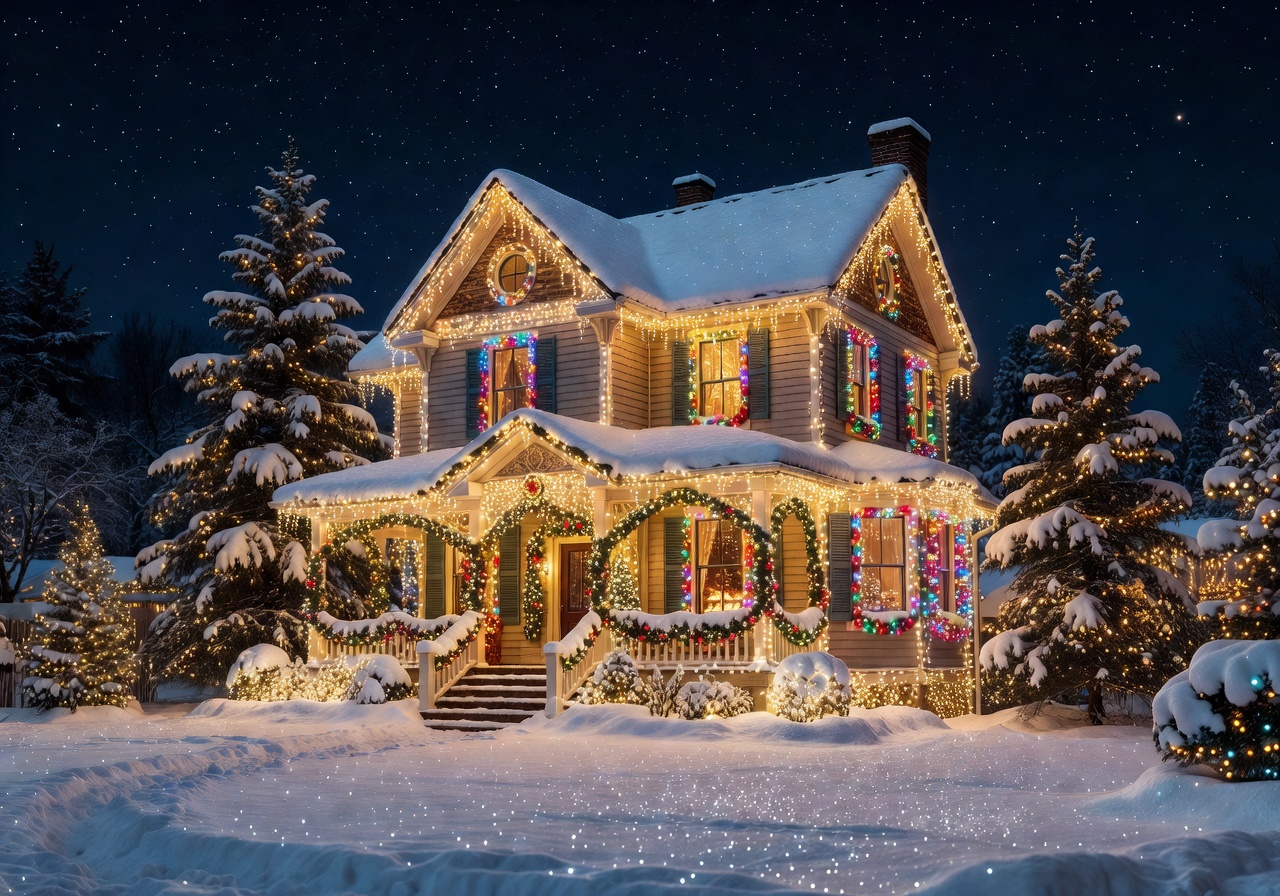 Festive Christmas village scene with snow-covered buildings and glowing decorations at night