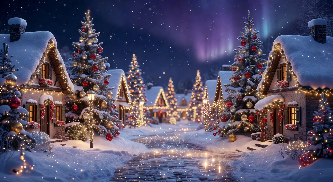 Magical snowy Christmas village with twinkling lights and decorated trees at night