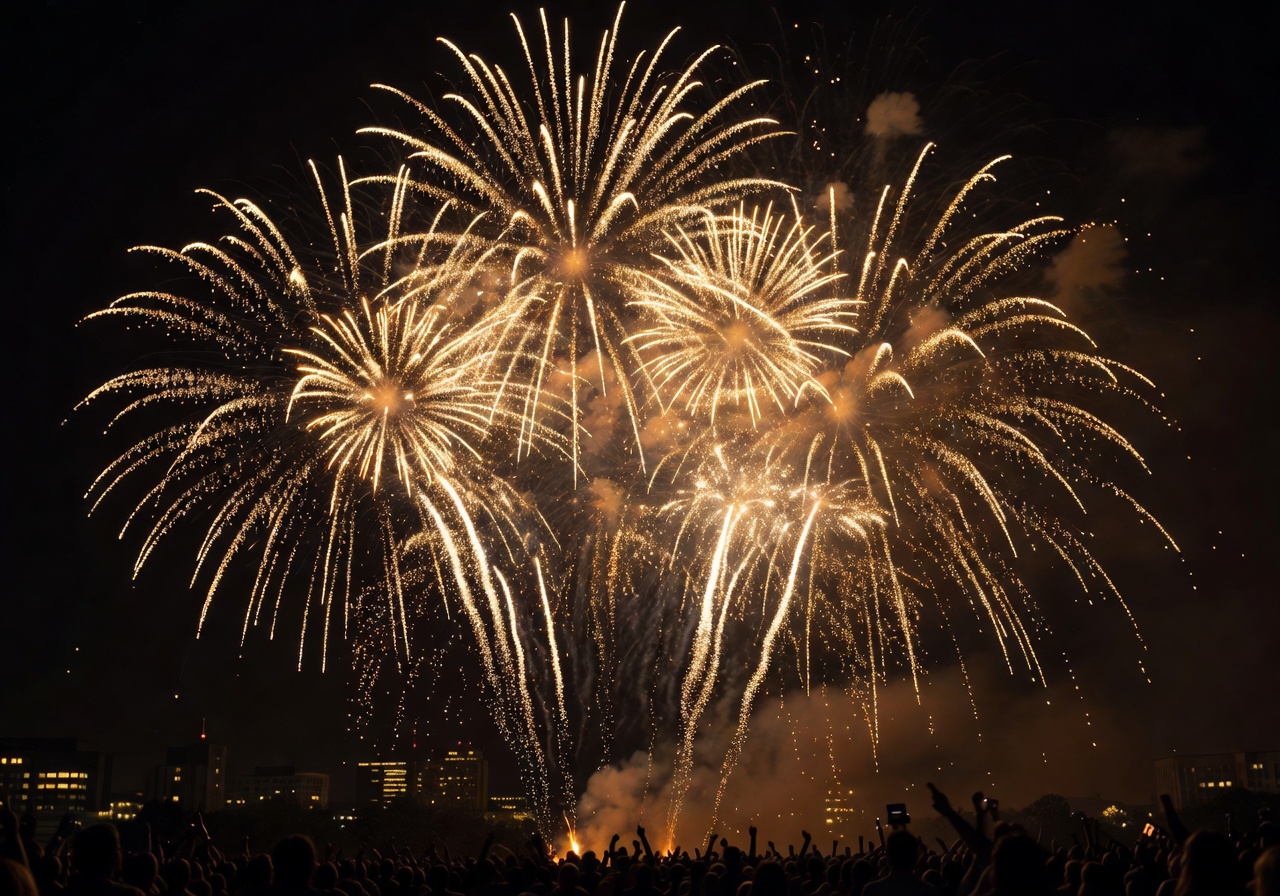New Year's Eve fireworks celebration with golden sparkles lighting up the night sky