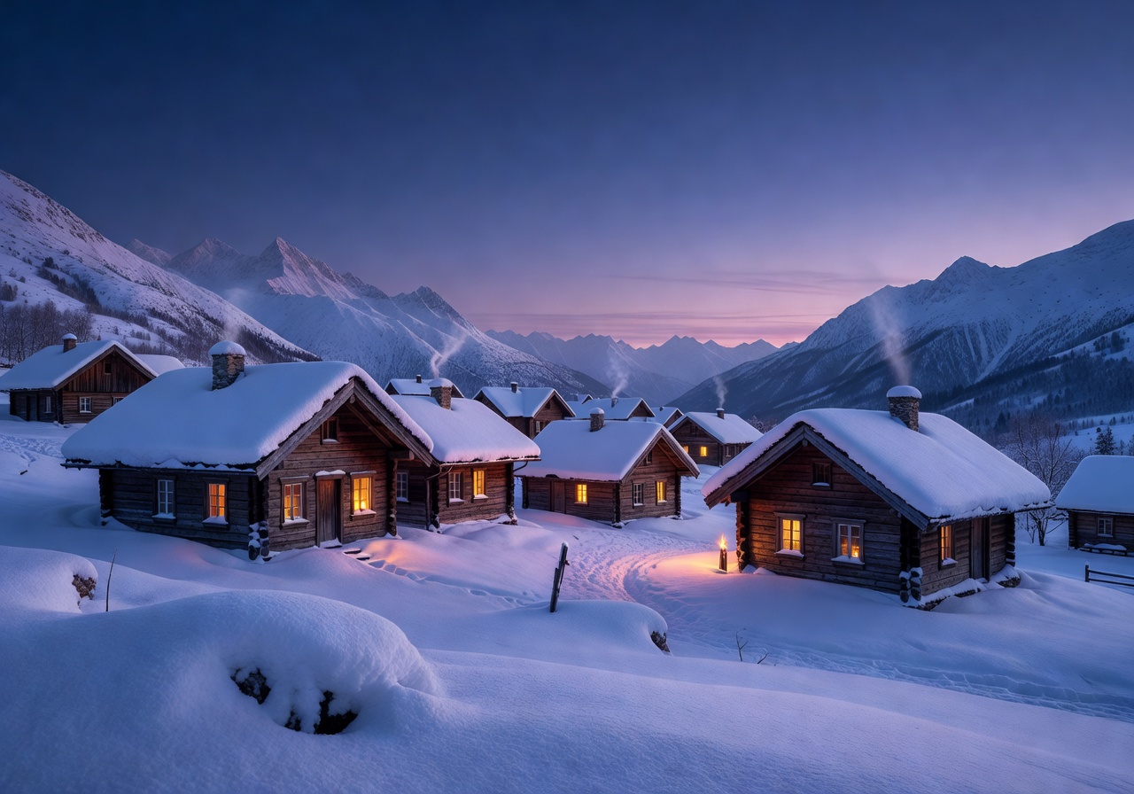 Peaceful snow-covered mountain village with warm candlelight glowing from cottage windows at dusk