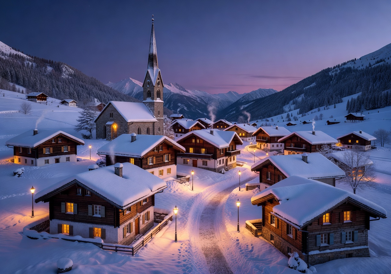 Snow-covered alpine village with church steeple and warm lights glowing in the winter evening