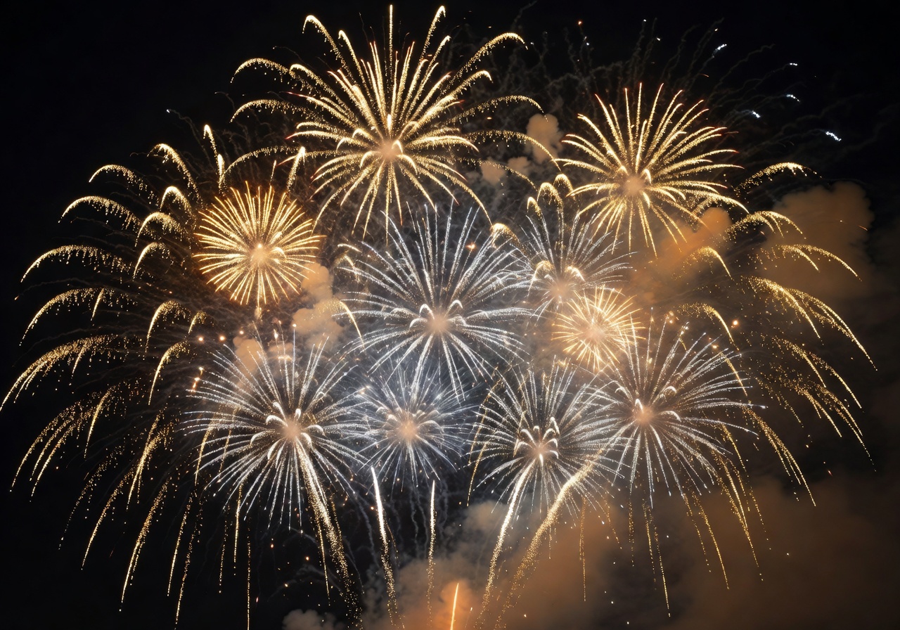 Spectacular New Year's Eve fireworks display with golden and silver sparks illuminating the sky